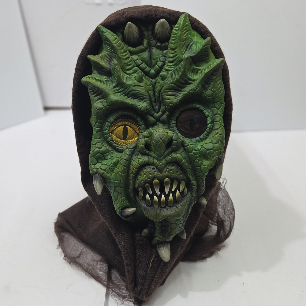 Vintage Holographic Green Demon Face Mask Costume Scary Halloween Mask